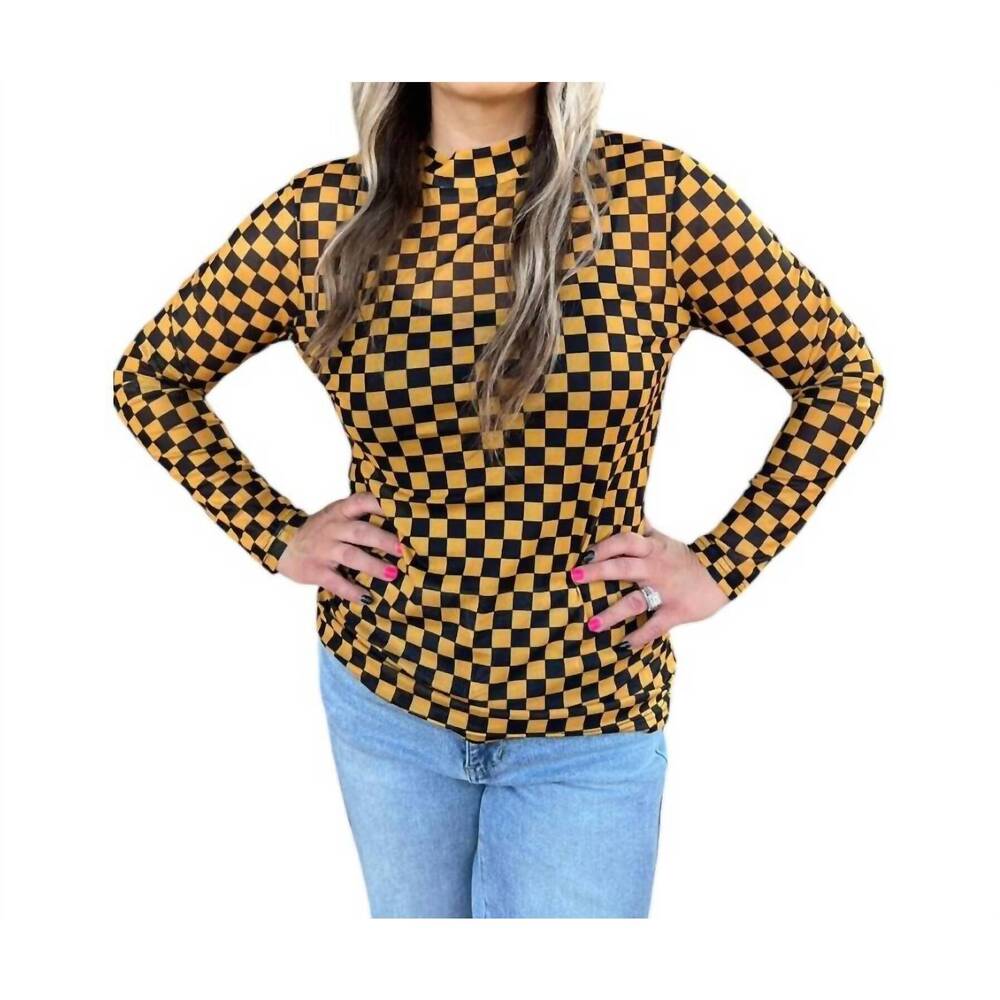 NEW STERLING KREEK check mesh long sleeve top in gold/black